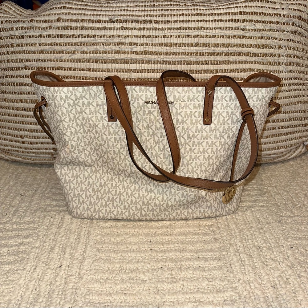 Michael Kors Cream and Tan Signature Tote with matching wallet